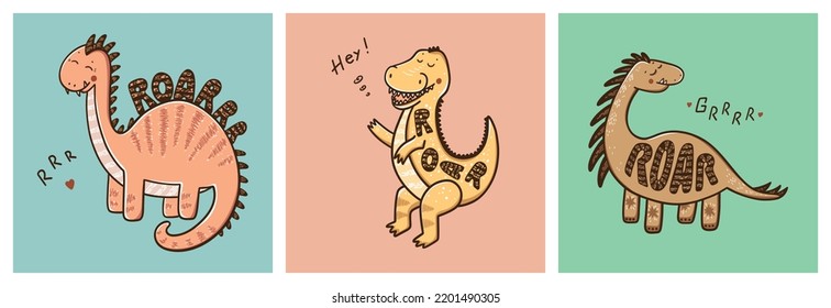 Cute Dinosaur Vector Set. 3 Posters for kids with Funny Dinosaurs. 