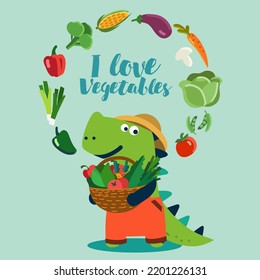 Dinosaurio lindo con verduras.  Ilustración del concepto de ecología ecológica