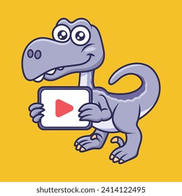 Cute Dinosaurier Velociraptor, der einen Spielknopf-Cartoon-Charakter hält Vektorgrafik