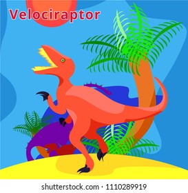 Cute dinosaur Velociraptor.Flat cartoons illustration. Raptor in wild life.Red angry dinosaur in jungle with palm. Predatory dinosaur of Jurassic period. Extinct animal.Raptor. Paleontology concept