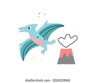 Cute dinosaur and volcano in flat style. Vector hand drawn pterosaur illustration.