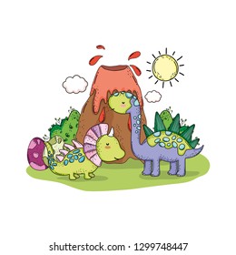 cute dinosaur with volcano landscape