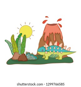 cute dinosaur with volcano landscape
