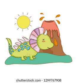 cute dinosaur with volcano landscape