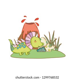 cute dinosaur with volcano landscape
