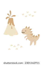 Cute dinosaur, volcano. Poster with baby animal. Vector illustration for kids design.