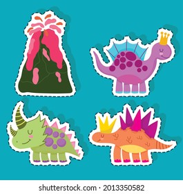 conjunto de lindos dinosaurios y volcanes