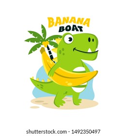 Cute dinosaur walk on the beach with banana boat, Cartoon dino vector illustration design.