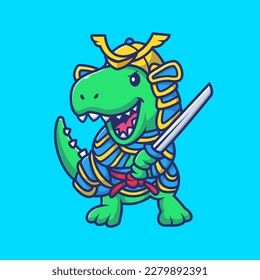 Cute Dinosaur Warrior Holding Samurai Cartoon Vector Icon Illustration. Animal Holiday Icon Concept Isolated Premium Vector. Flat Cartoon Style