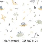 Cute Dinosaur Watercolor Seamless Vector Pattern