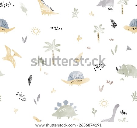 Cute Dinosaur Watercolor Seamless Vector Pattern