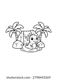 Cute Dinosaur Waterfall Coloring Page for Kids. Simple Prehistoric Animal Outline Illustration for Children.