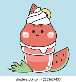 Cute dinosaur with watermelon juice and whipping cream.Animal character cartoon.Graphic design.Fruit.Beverage.Summer.Fresh.Kawaii.Vector.Illustration.