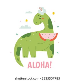 Cute dinosaur with a watermelon. Summer vibe, flat style.Aloha