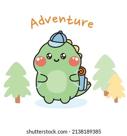 Cute dinosaur wear cap and carry backpack for adventure.Animal character cartoon design.Kawaii.Vector.Illustration.