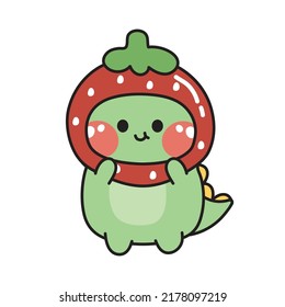 Cute dinosaur wear strawberry head mascot cartoon on white background.Funny animal character hand drawn.Fruit.Kawaii.Vector.Illustration.