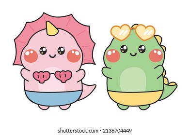 Cute dinosaur wear swimming suit cartoon.Summer concept.Isolated.Jurassic.Kawaii.Vector.Illustration.