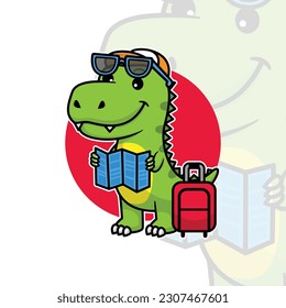 cute dinosaur wearing glasses with travel bag and road map cartoon design