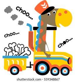 Cute dinosaur wearing machinist cap on steam train loading bones, vector cartoon illustration