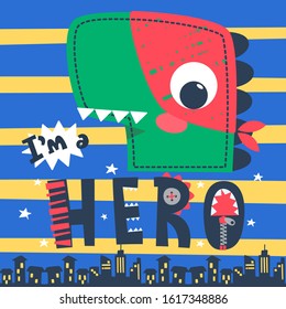 Cute dinosaur wearing a red hero mask on yellow and blue striped background illustration vector.