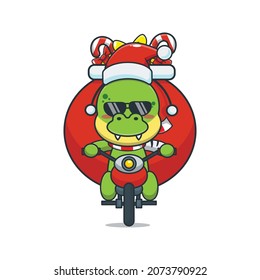 Cute dinosaur wearing santa hat riding a motorcycle. Cute christmas cartoon illustration.