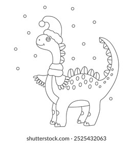 Cute dinosaur wearing santa hat and scarf and snowfall. Vector hand drawn doodle Christmas illustration, isolated black outline. Great for coloring and Xmas cards.