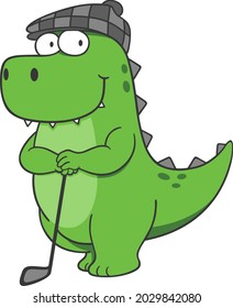 A Cute Dinosaur Wears Beret Cap Leaning On Its Golf Club