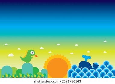 Cute Dinosaur and Whale Under a Colorful Sunset Sky"
