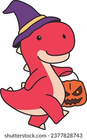 Cute dinosaur in a witch costume with a pumpkin.