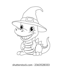Cute dinosaur in witch hat. Line art dragon character for Halloween design. Isolated vector illustration 