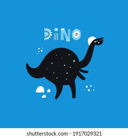 Cute dinosaur with words Dino. Spinosaurus and lettering art. Illustration of dino in scandinavian style. Modern vector art for poster, nursery and kids apparel.
