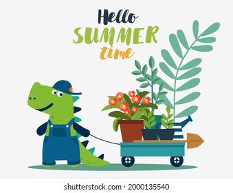 Cute dinosaur working in the garden. Funny tyrannosaur with wagon cart. Summer landscape background. Eco friendly ecology concept