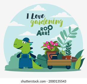 Cute dinosaur working in the garden. Funny tyrannosaur with wagon cart. Summer landscape background. Eco friendly ecology concept