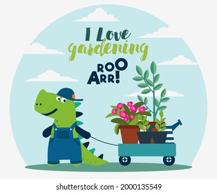 Cute dinosaur working in the garden. Funny tyrannosaur with wagon cart. Summer landscape background. Eco friendly ecology concept