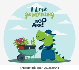 Cute dinosaur working in the garden. Funny tyrannosaur with wheelbarrow. Summer landscape background. Eco friendly ecology concept