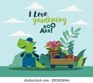 Cute dinosaur working in the garden. Funny tyrannosaur with wagon cart. Summer landscape background. Eco friendly ecology concept