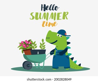 Cute dinosaur working in the garden. Funny tyrannosaur with wheelbarrow. Summer landscape background. Eco friendly ecology concept