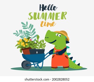 Cute dinosaur working in the garden. Funny tyrannosaur with wheelbarrow. Summer landscape background. Eco friendly ecology concept