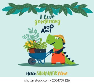 Cute dinosaur working in the garden. Funny tyrannosaur with wheelbarrow. Summer landscape background. Eco friendly ecology concept