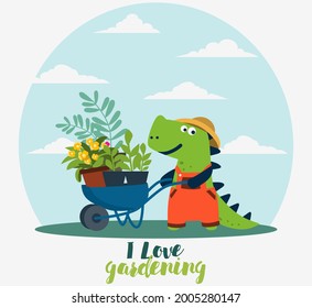 Cute dinosaur working in the garden. Funny tyrannosaur with wheelbarrow. Summer landscape background. Eco friendly ecology concept