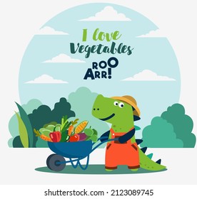 Cute dinosaur working in the garden. Funny tyrannosaur with wheelbarrow and fresh vegetables. Summer landscape background. Eco friendly ecology concept