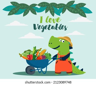 Cute dinosaur working in the garden. Funny tyrannosaur with wheelbarrow and fresh vegetables. Summer landscape background. Eco friendly ecology concept