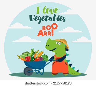 Cute dinosaur working in the garden. Funny tyrannosaur with wheelbarrow and fresh vegetables. Summer landscape background. Eco friendly ecology concept