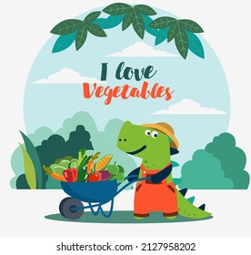 Cute dinosaur working in the garden. Funny tyrannosaur with wheelbarrow and fresh vegetables. Summer landscape background. Eco friendly ecology concept