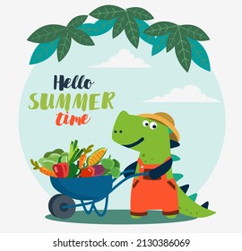 Cute dinosaur working in the garden. Funny tyrannosaur with wheelbarrow and fresh vegetables. Summer landscape background. Eco friendly ecology concept