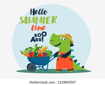 Cute dinosaur working in the garden. Funny tyrannosaur with wheelbarrow and fresh vegetables. Summer landscape background. Eco friendly ecology concept