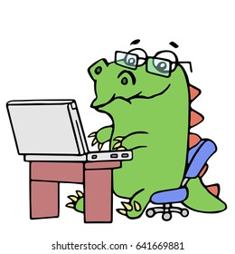 Cute dinosaur working at the notebook.Vector illustration.Melancholy cartoon character.Glasses on a separate layer.
