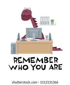 Cute dinosaur works in the office at the computer. Ironic vector graphics