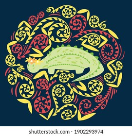 Cute dinosaur with a wreath and fern leaves. Vector illustration in cartoon style. For banners, covers, invitations, and postcards.