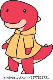 Cute dinosaur in a yellow raincoat and red cap. Vector illustration.